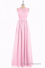 Pink Chiffon Halter Cutout Back A-Line Long Bridesmaid Dress