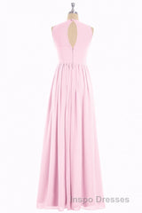 Pink Chiffon Halter Cutout Back A-Line Long Bridesmaid Dress