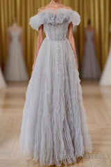Gray Tulle A Line Off the Shoulder Formal Evening Prom Dress Long Evening Prom Dress