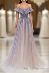 Purple Off Shoulder Tulle Sequin Long Evening Prom Dress, Purple Evening Prom Dress