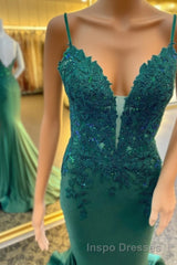 Hunter Green Floral Plunging V Mermaid Long Evening Prom Dress