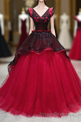 Unique Burgundy V Neck Tulle Long Evening Prom Dress, Burgundy Evening Prom Dress