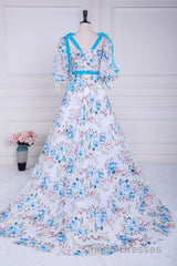 Blue and White Floral Bow Tie Straps A-line Long Evening Prom Dress with Slit