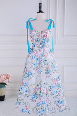 Blue and White Floral Bow Tie Straps A-line Tea-Length Evening Prom Dress