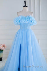 Light Blue Flowers Off-Shoulder A-line Long Evening Prom Dress with Slit