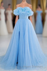 Light Blue Flowers Off-Shoulder A-line Long Evening Prom Dress with Slit