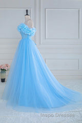 Light Blue Flowers Off-Shoulder A-line Long Evening Prom Dress with Slit