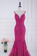 Classy Outfit Women, Fuchsia Spaghetti Straps Mermaid Sequined Embroidery Long Prom Dress