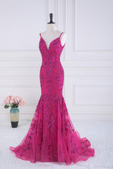 Dress Prom, Fuchsia Spaghetti Straps Mermaid Sequined Embroidery Long Prom Dress