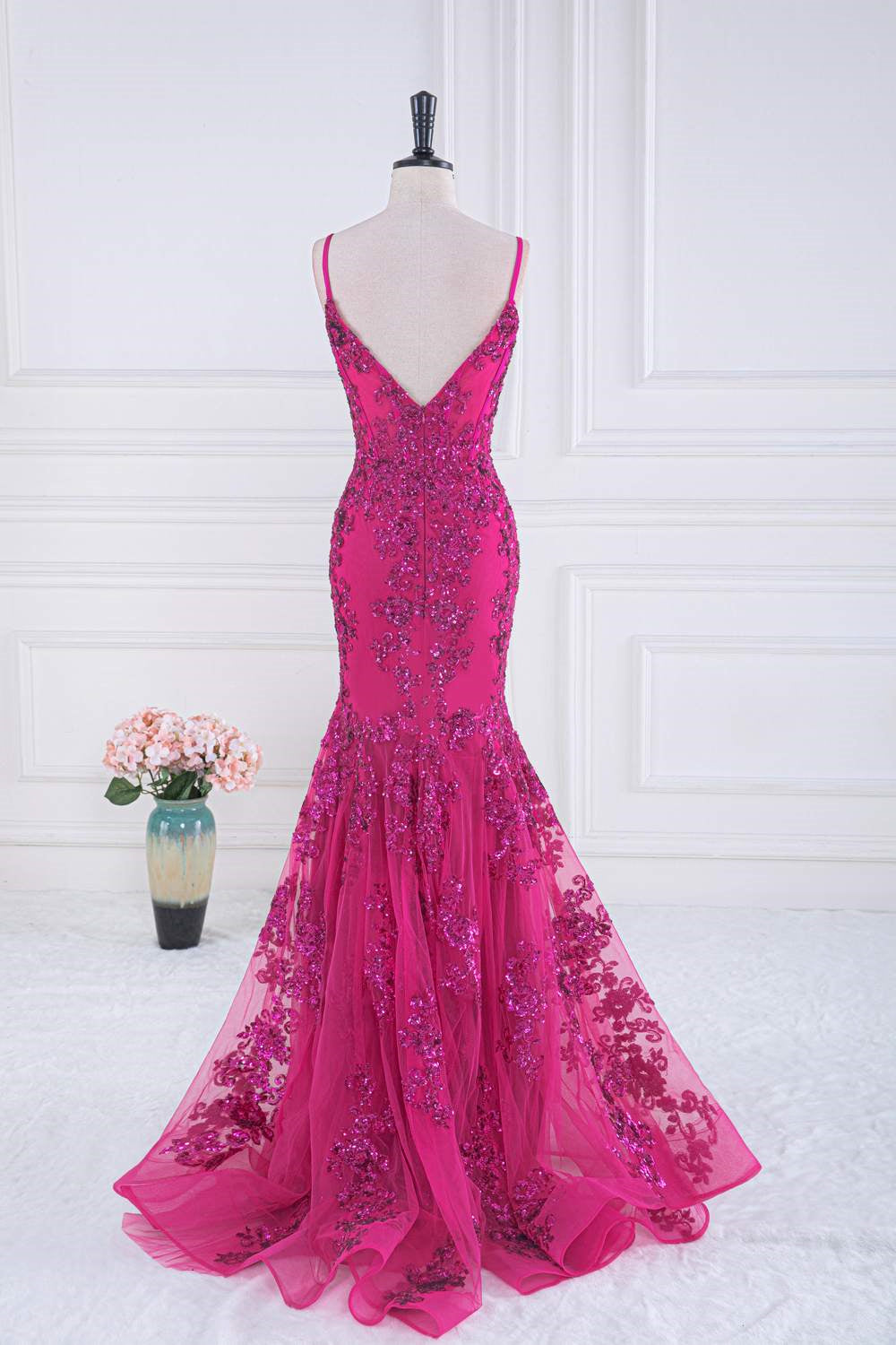 Black Tie Dress, Fuchsia Spaghetti Straps Mermaid Sequined Embroidery Long Prom Dress