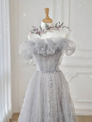 Gray Tulle A Line Off the Shoulder Formal Evening Prom Dress Long Evening Prom Dress