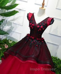 Unique Burgundy V Neck Tulle Long Evening Prom Dress, Burgundy Evening Prom Dress