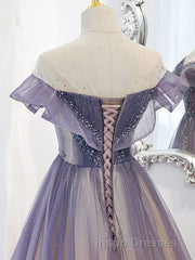 Purple Off Shoulder Tulle Sequin Long Evening Prom Dress, Purple Evening Prom Dress