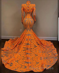 Hot Orange High neck Long Sleeves Mermaid Sequin Evening Prom Dress