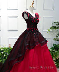 Unique Burgundy V Neck Tulle Long Evening Prom Dress, Burgundy Evening Prom Dress
