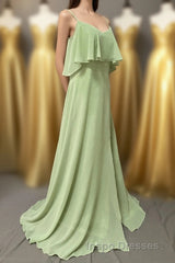 Ruffles Sage Green Straps A-Line Long Bridesmaid Dress with Slit
