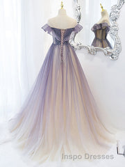Purple Off Shoulder Tulle Sequin Long Evening Prom Dress, Purple Evening Prom Dress