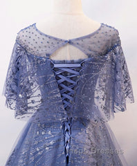 Unique Round Neck Tulle Lace Long Evening Prom Dress, Blue Lace Evening Dress