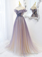 Purple Off Shoulder Tulle Sequin Long Evening Prom Dress, Purple Evening Prom Dress