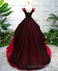 Unique Burgundy V Neck Tulle Long Evening Prom Dress, Burgundy Evening Prom Dress