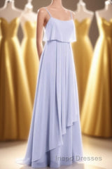 Lavender Chiffon Spaghetti Straps Ruffled A-Line Long Dress
