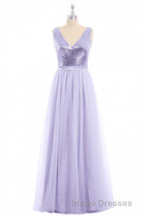Lavender Sequin V-Neck Backless A-Line Long Dress