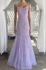 Lilac Spaghetti Straps Long Lace Tulle Evening Prom Dress Mermaid Appliques Evening Prom Dress
