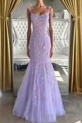 Lilac Spaghetti Straps Long Lace Tulle Evening Prom Dress Mermaid Appliques Evening Prom Dress