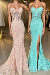 Mint Green Lace Strapless Mermaid  Long Evening Prom Dress with Slit
