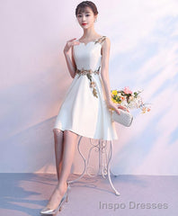 Simple White Satin Applique Short Prom Dress Cute Homecoming Dress