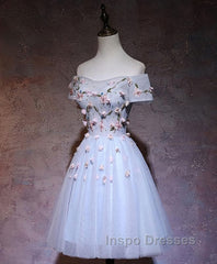 Cute Gray Blue Tulle Short Evening Prom Dress, Gray Homecoming Dress