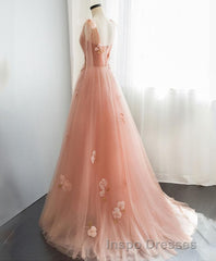 Pink V Neck Tulle Long Evening Prom Dress, Tulle Evening Prom Dress