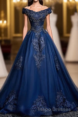 Blue Tulle Lace Off Shoulder Long Evening Prom Dress, Blue Tulle Lace Evening Prom Dress