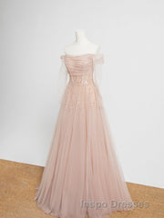 Champagne Pink Tulle Beads Long Evening Prom Dress, Champagne Evening Prom Dress