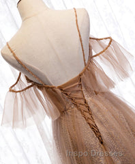 Champagne Tulle Sequin Long Evening Prom Dress, Champagne Evening Prom Dress
