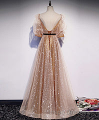 Champagne Sweetheart Tulle Long Evening Prom Dress, Tulle Formal Dress