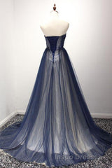 Navy A Line Sweep Train Straight Sleeveless Mid Back Lace Up Evening Prom Dress