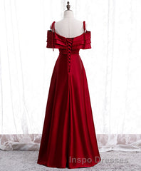 Burgundy Satin Beads Long Evening Prom Dress, Burgundy Evening Prom Dress