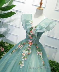 Green V Neck Tulle Long Evening Prom Dress, Green Evening Prom Dress