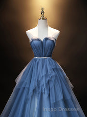 Blue Sweetheart Neck Tulle Long Evening Prom Dress, Blue Evening Prom Dress