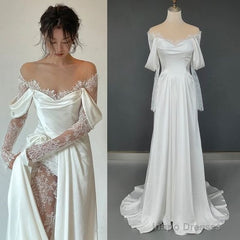 Ivory Lace Satin Wedding Dresses, Off The Shoulder Bridal Dresses