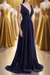 Empire Navy Blue Chiffon A-line Long Bridesmaid Dress
