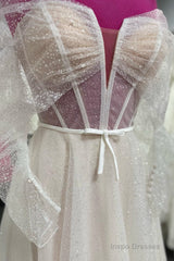 White Off-the-Shoulder Tulle Beaded A-line Long Wedding Dress