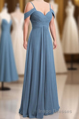 Dusty Blue Chiffon Cold Shoulder A-Line Long Bridesmaid Dress