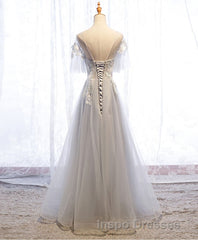 Gray Tulle Lace Long Evening Prom Dress, Gray Tulle Lace Evening Prom Dress, 5
