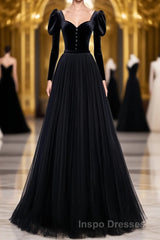 Black Tulle Long Evening Prom Dress, Black Tulle Formal Dress