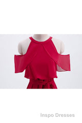 Red Chiffon Cold Sleeves Short Ruffles Bridesmaid Dress