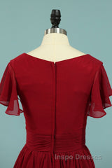 Red Chiffon V-Neck Ruffled A-Line Long Bridesmaid Dress