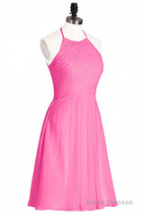 Neon Pink Halter A-Line Short Bridesmaid Dress