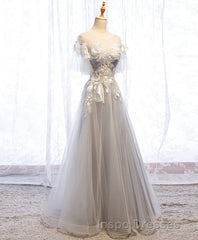 Gray Tulle Lace Long Evening Prom Dress, Gray Tulle Lace Evening Prom Dress, 5